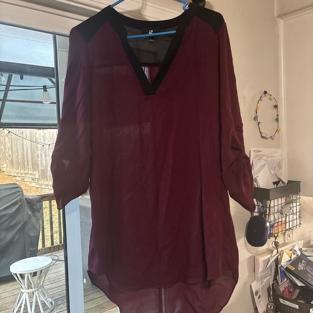 Iz Byer Burgundy and Black Sheer Blouse